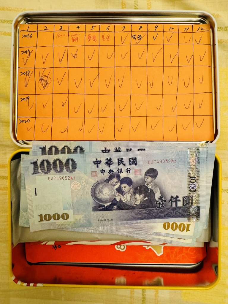 從2016年里約奧運志工回國後，我就展開每月存款到奧運夢想基金計畫，隨著巴黎奧運越來越接近，看著一盒滿出來的鈔票，我的幸福感就越發加增（笑）。曾荃鈺提供